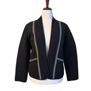 J. Jill Pure Jill Elements Black Seersucker Quilted Jacket Open Front Size Small